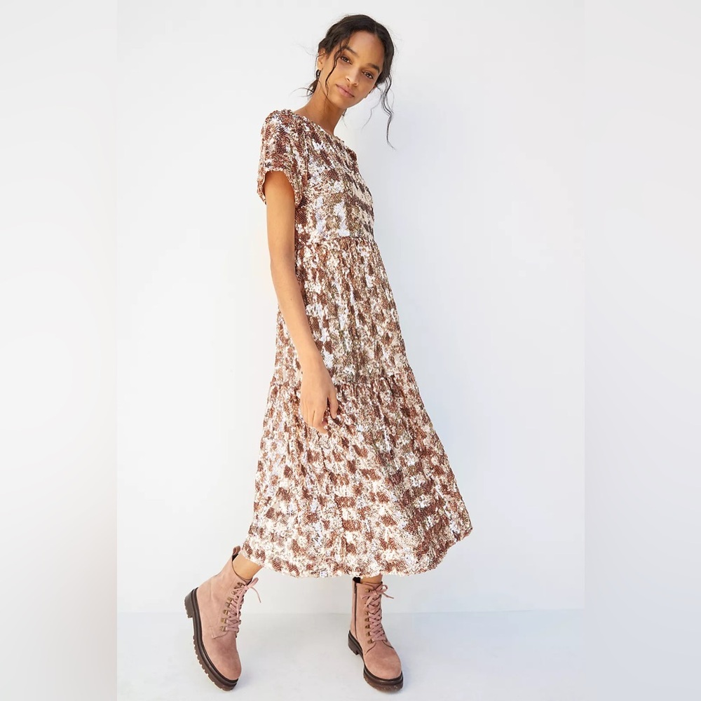 Anthropologie Rose Gold Sequin Tiered Midi Dress